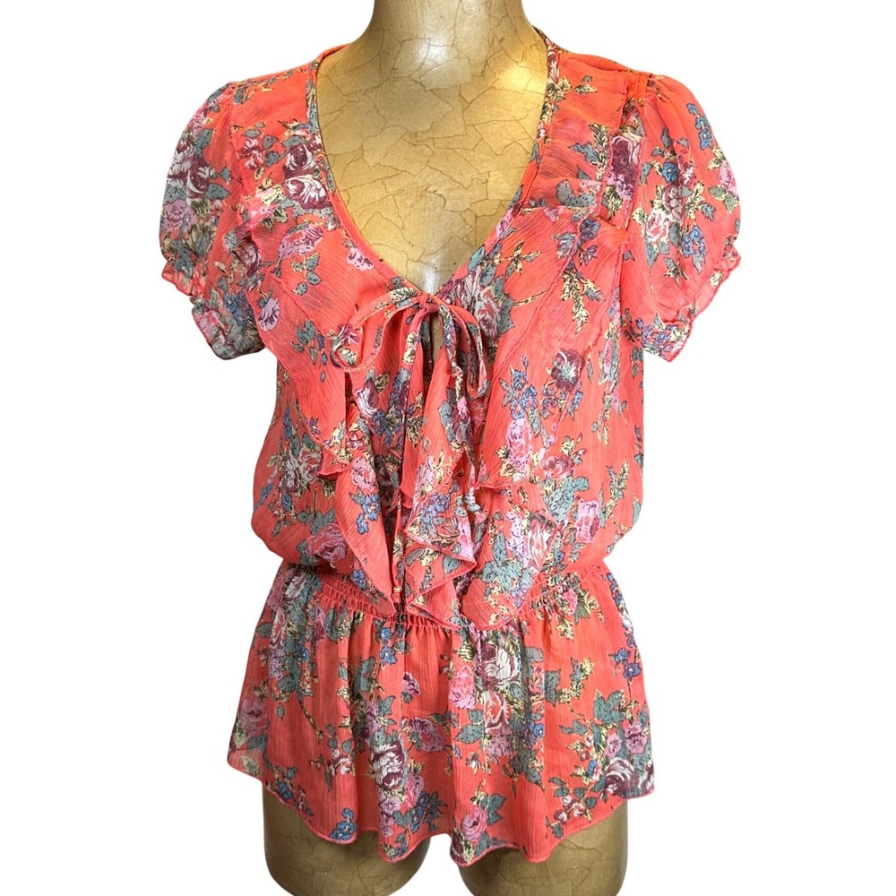 Poetry Womens Coral Pink Floral Ruffle V-Neck Smocked Peplum Blouse Top Size M